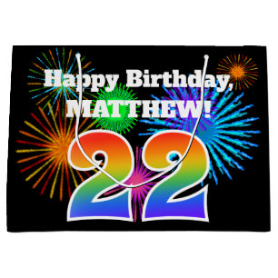 Fun Fireworks + Rainbow Pattern "22" Birthday # Large Gift Bag