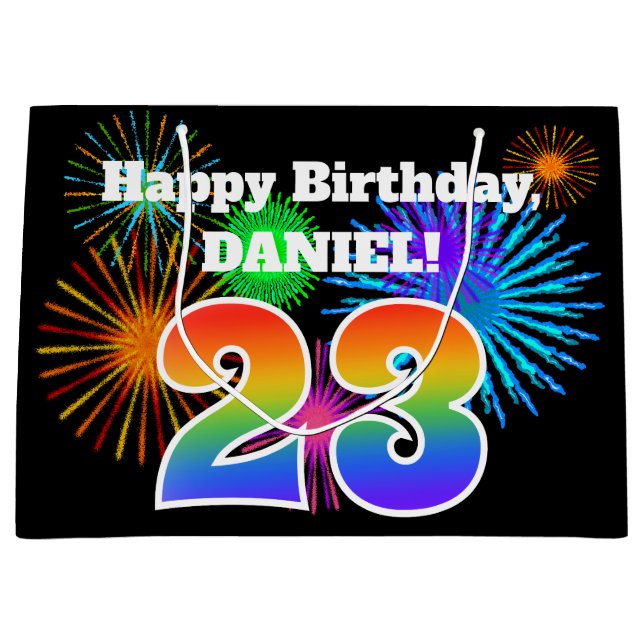 Fun Fireworks + Rainbow Pattern "23" Birthday # Large Gift Bag (Front)