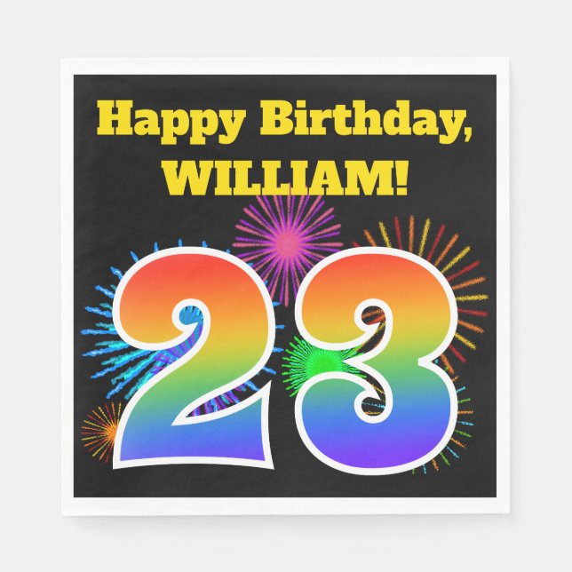 Fun Fireworks + Rainbow Pattern "23" Birthday # Napkin (Front)