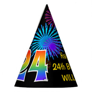 Fun Fireworks + Rainbow Pattern "24" Birthday # Party Hat