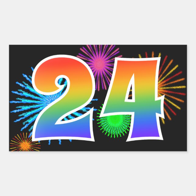 Fun Fireworks + Rainbow Pattern "24" Event Number Rectangular Sticker (Front)