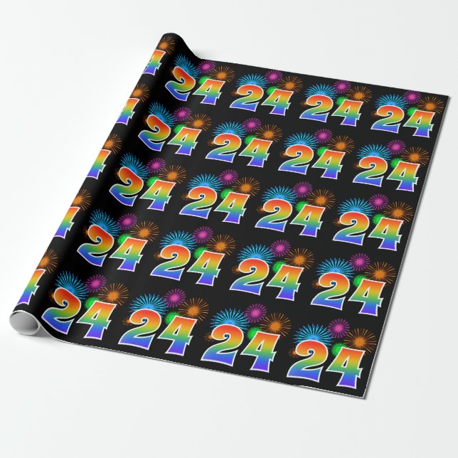 Fun Fireworks + Rainbow Pattern "24" Event Number Wrapping Paper (Unrolled)