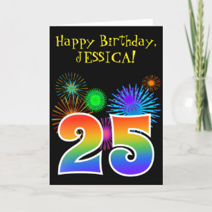 Fun Fireworks + Rainbow Pattern "25" Birthday # Card