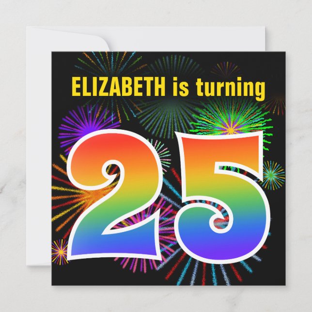 Fun Fireworks + Rainbow Pattern "25" Birthday # Invitation (Front)