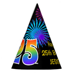 Fun Fireworks + Rainbow Pattern "25" Birthday # Party Hat