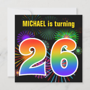 Fun Fireworks + Rainbow Pattern "26" Birthday # Invitation