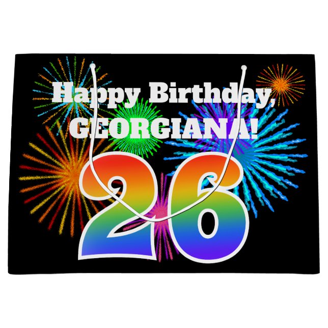 Fun Fireworks + Rainbow Pattern "26" Birthday # Large Gift Bag (Front)