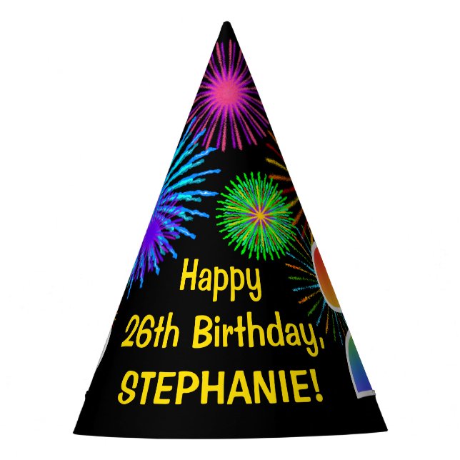 Fun Fireworks + Rainbow Pattern "26" Birthday # Party Hat (Front)