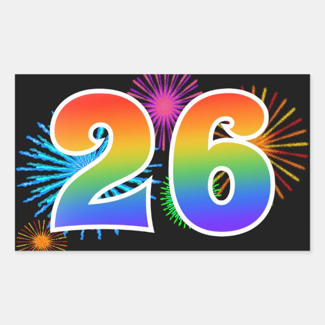 Fun Fireworks + Rainbow Pattern "26" Event Number Rectangular Sticker (Front)