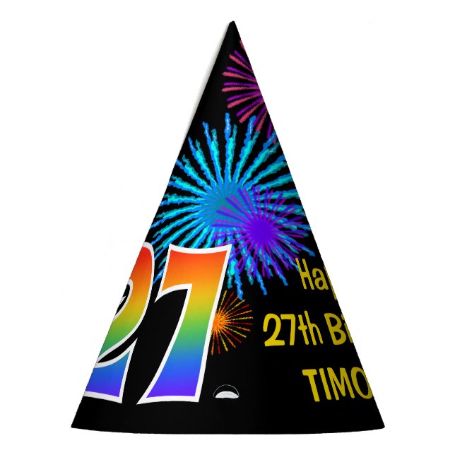 Fun Fireworks + Rainbow Pattern "27" Birthday # Party Hat (Left)