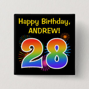 Fun Fireworks + Rainbow Pattern "28" Birthday # 15 Cm Square Badge