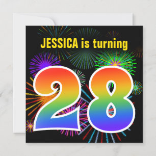 Fun Fireworks + Rainbow Pattern "28" Birthday # Invitation
