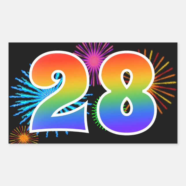 Fun Fireworks + Rainbow Pattern "28" Event Number Rectangular Sticker (Front)