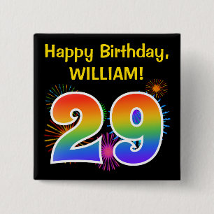 Fun Fireworks + Rainbow Pattern "29" Birthday # 15 Cm Square Badge