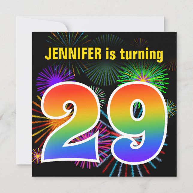 Fun Fireworks + Rainbow Pattern "29" Birthday # Invitation (Front)
