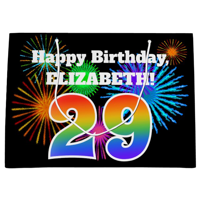 Fun Fireworks + Rainbow Pattern "29" Birthday # Large Gift Bag (Front)