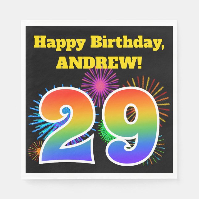 Fun Fireworks + Rainbow Pattern "29" Birthday # Napkin (Front)