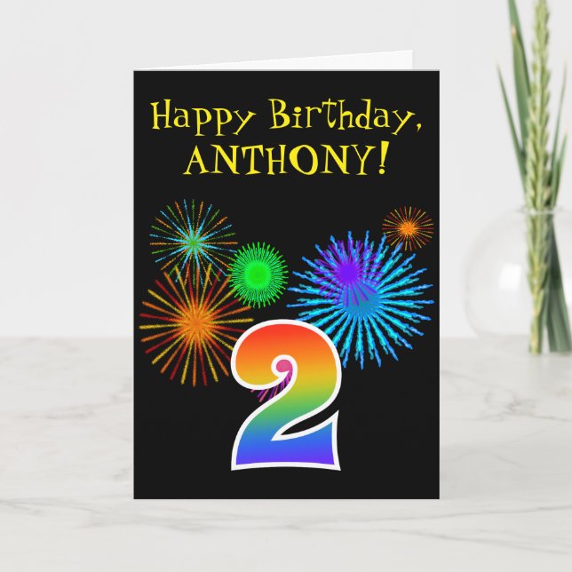Fun Fireworks + Rainbow Pattern "2" Birthday # Card (Front)