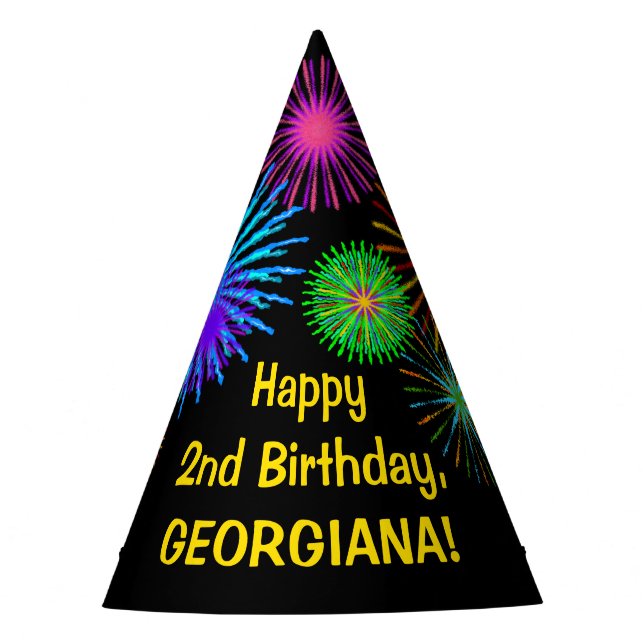 Fun Fireworks + Rainbow Pattern "2" Birthday # Party Hat (Front)