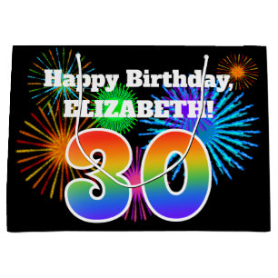 Fun Fireworks + Rainbow Pattern "30" Birthday # Large Gift Bag