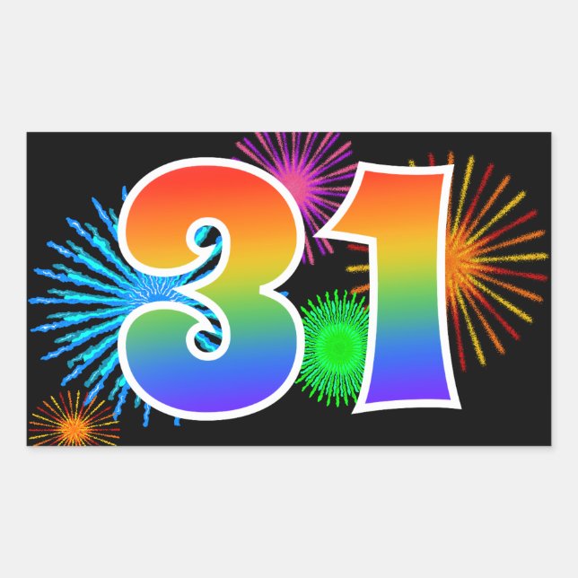 Fun Fireworks + Rainbow Pattern "31" Event Number Rectangular Sticker (Front)