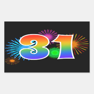 Fun Fireworks + Rainbow Pattern "31" Event Number Rectangular Sticker