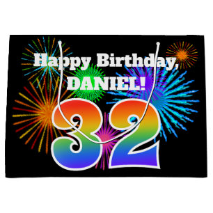 Fun Fireworks + Rainbow Pattern "32" Birthday # Large Gift Bag