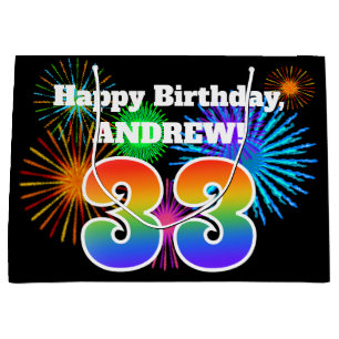 Fun Fireworks + Rainbow Pattern "33" Birthday # Large Gift Bag