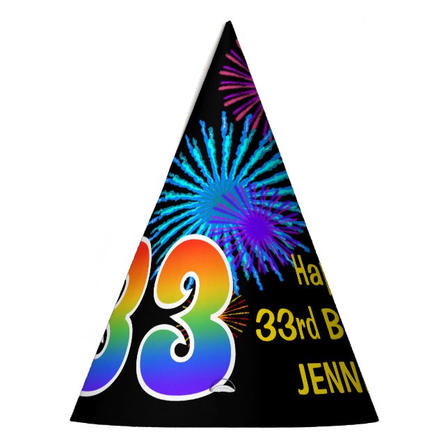 Fun Fireworks + Rainbow Pattern "33" Birthday # Party Hat (Left)