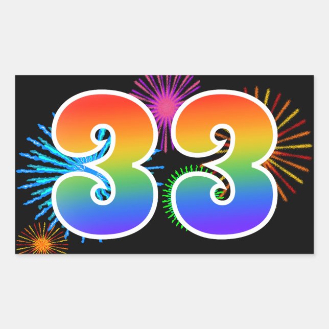 Fun Fireworks + Rainbow Pattern "33" Event Number Rectangular Sticker (Front)