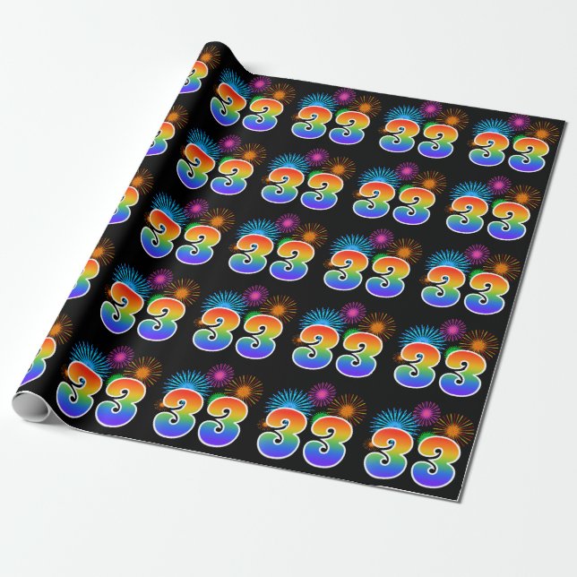 Fun Fireworks + Rainbow Pattern "33" Event Number Wrapping Paper (Unrolled)