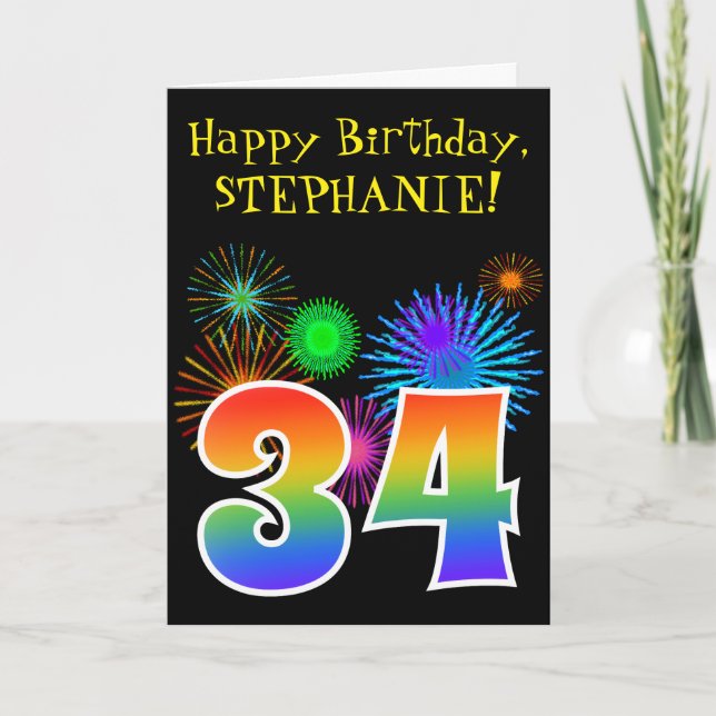 Fun Fireworks + Rainbow Pattern "34" Birthday # Card (Front)