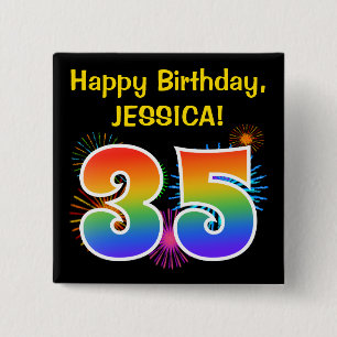 Fun Fireworks + Rainbow Pattern "35" Birthday # 15 Cm Square Badge
