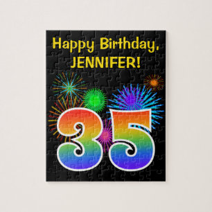 Fun Fireworks + Rainbow Pattern "35" Birthday # Jigsaw Puzzle