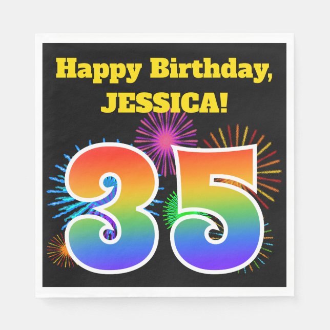 Fun Fireworks + Rainbow Pattern "35" Birthday # Napkin (Front)