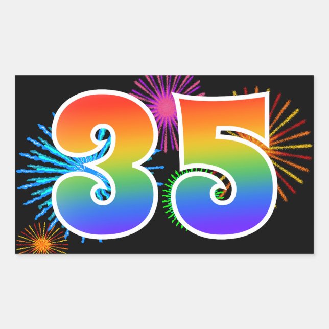 Fun Fireworks + Rainbow Pattern "35" Event Number Rectangular Sticker (Front)