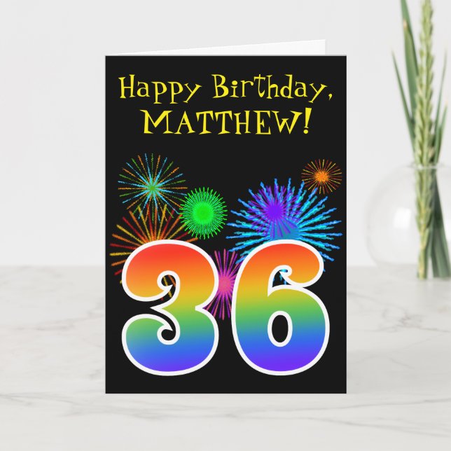 Fun Fireworks + Rainbow Pattern "36" Birthday # Card (Front)