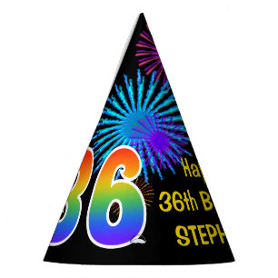 Fun Fireworks + Rainbow Pattern "36" Birthday # Party Hat