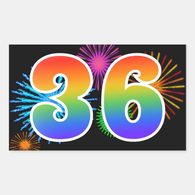 Fun Fireworks + Rainbow Pattern "36" Event Number Rectangular Sticker (Front)