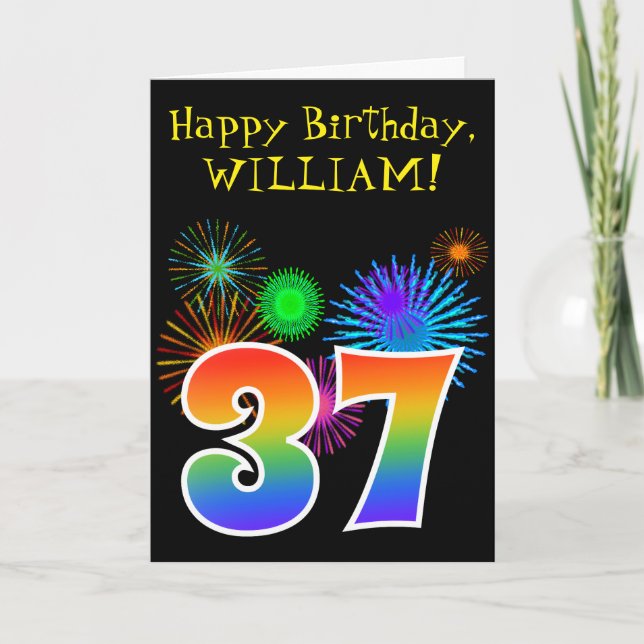 Fun Fireworks + Rainbow Pattern "37" Birthday # Card (Front)
