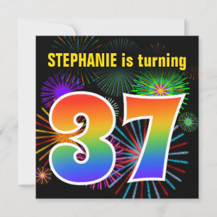 Fun Fireworks + Rainbow Pattern "37" Birthday # Invitation