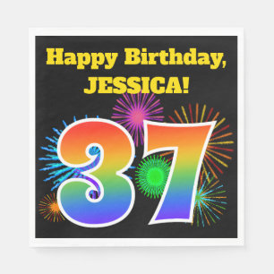 Fun Fireworks + Rainbow Pattern "37" Birthday # Napkin