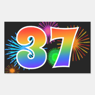 Fun Fireworks + Rainbow Pattern "37" Event Number Rectangular Sticker
