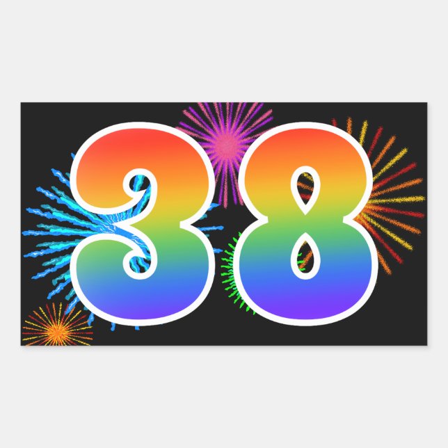 Fun Fireworks + Rainbow Pattern "38" Event Number Rectangular Sticker (Front)