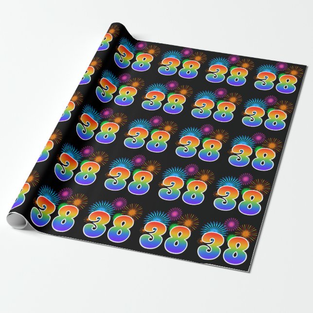Fun Fireworks + Rainbow Pattern "38" Event Number Wrapping Paper (Unrolled)