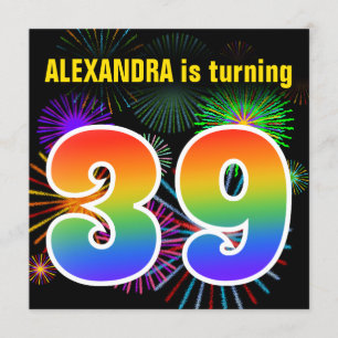 Fun Fireworks + Rainbow Pattern "39" Birthday # Invitation