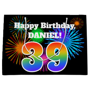 Fun Fireworks + Rainbow Pattern "39" Birthday # Large Gift Bag