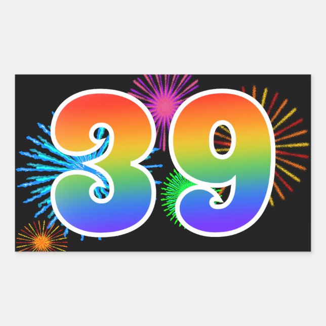 Fun Fireworks + Rainbow Pattern "39" Event Number Rectangular Sticker (Front)