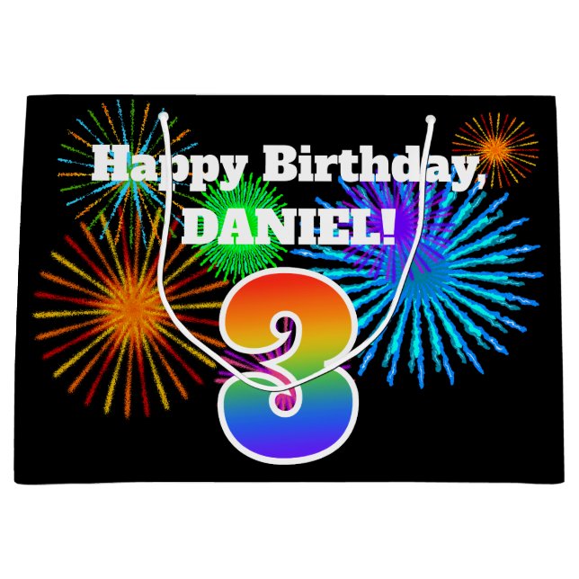 Fun Fireworks + Rainbow Pattern "3" Birthday # Large Gift Bag (Front)