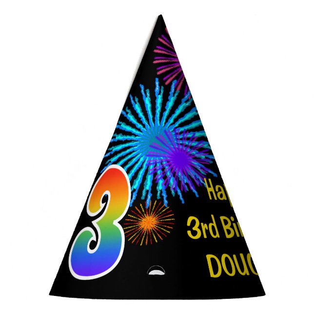 Fun Fireworks + Rainbow Pattern "3" Birthday # Party Hat (Left)